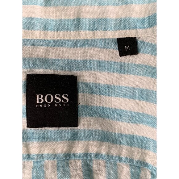 Mens Hugo Boss Blue Stripe 100% Linen Button-Up Sport Shirt M EUC 8881 Vacay - Picture 3 of 10